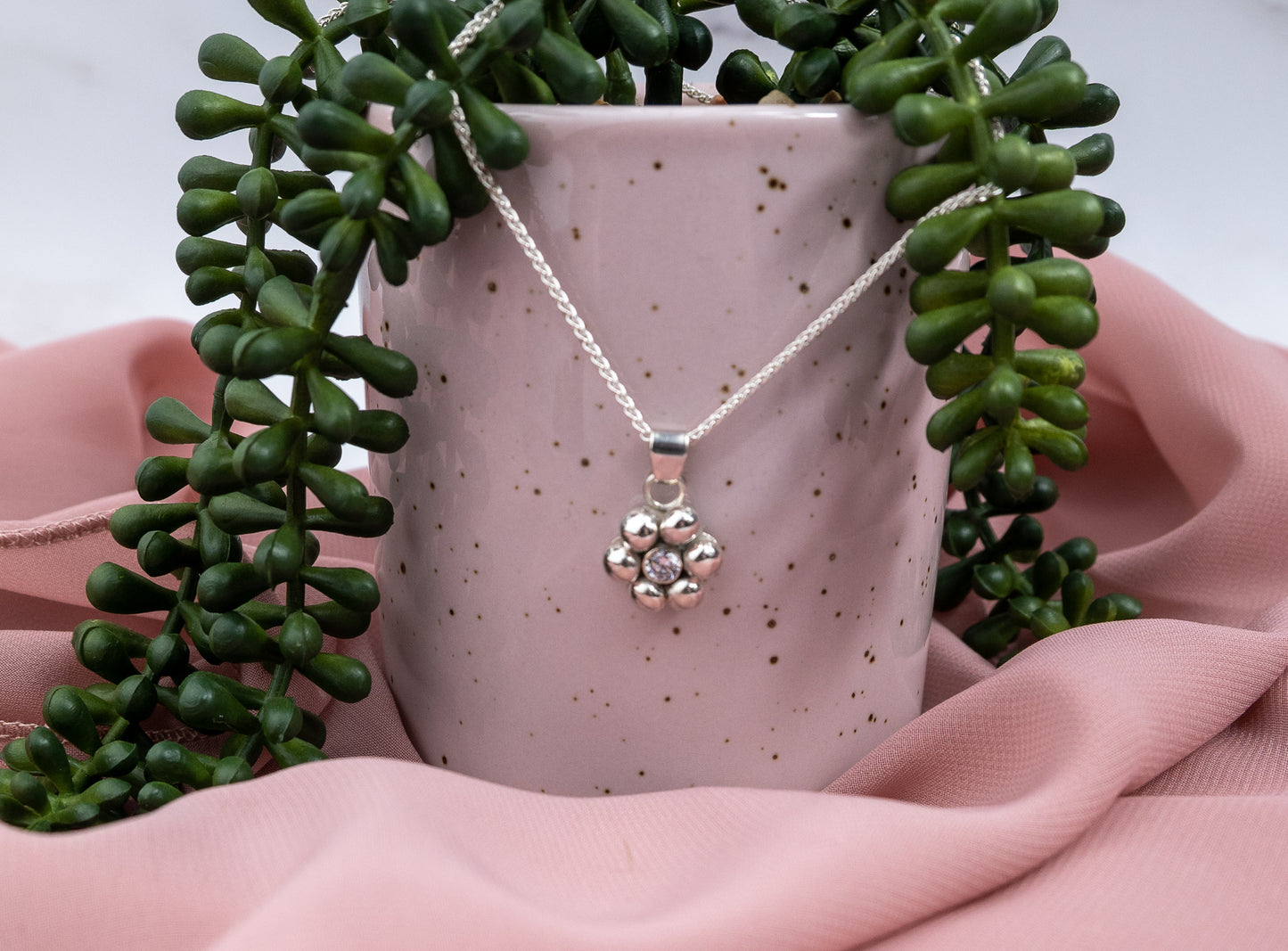 Cubic Zirconia Silver Ball Flower Necklace