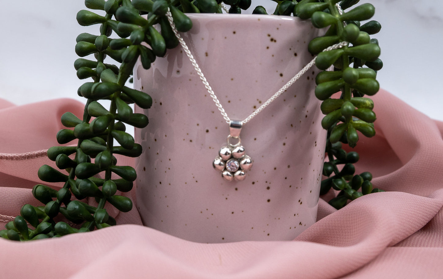 Cubic Zirconia Silver Ball Flower Necklace