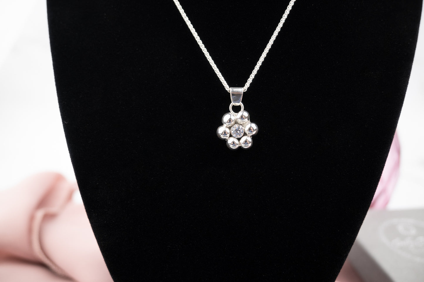 Cubic Zirconia Silver Ball Flower Necklace