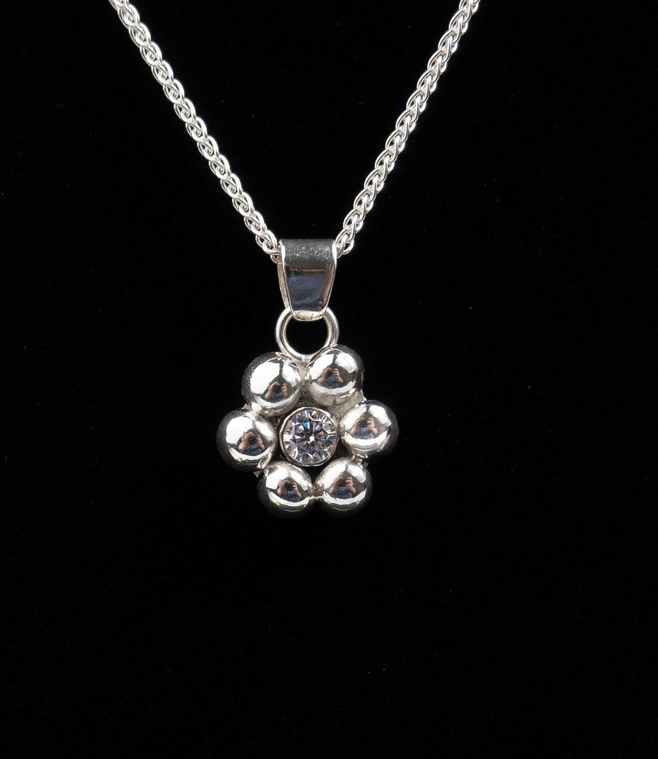 Cubic Zirconia Silver Ball Flower Necklace