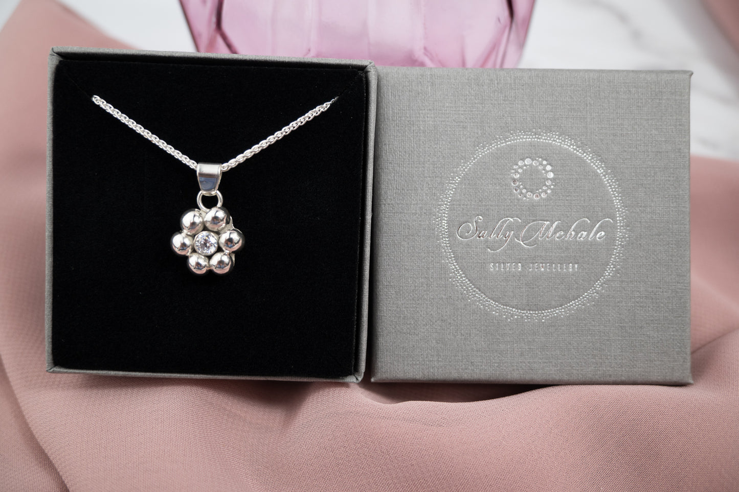 Cubic Zirconia Silver Ball Flower Necklace